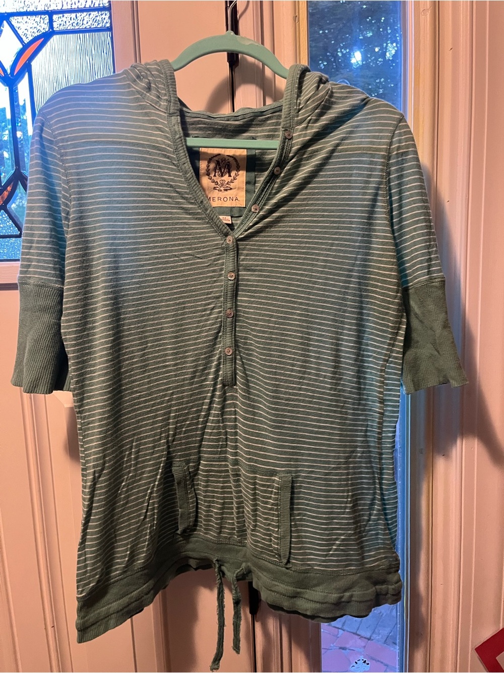 Merona Sage Green Striped Hooded Short-Sleeve Top